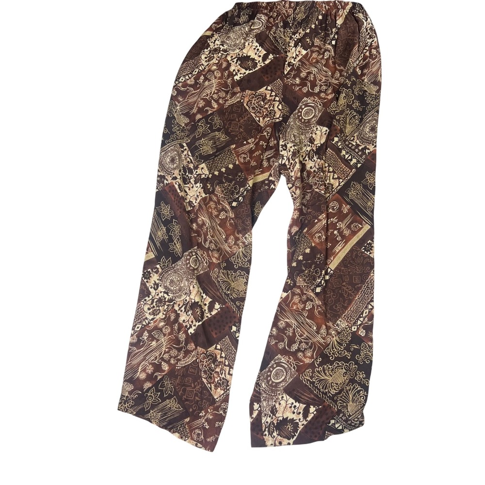 Bobbie Brooks Brown Patchwork Batik Rayon 2 Piece Set Shirt Pants Ladies Large - Picture 2 of 8